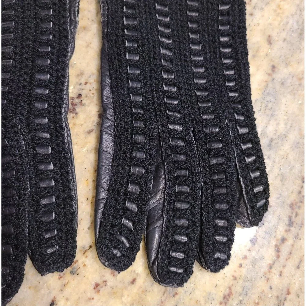 Vintage Size M 7 Black Leather And Knit Handmade Gloves Hammer Of Hollywood